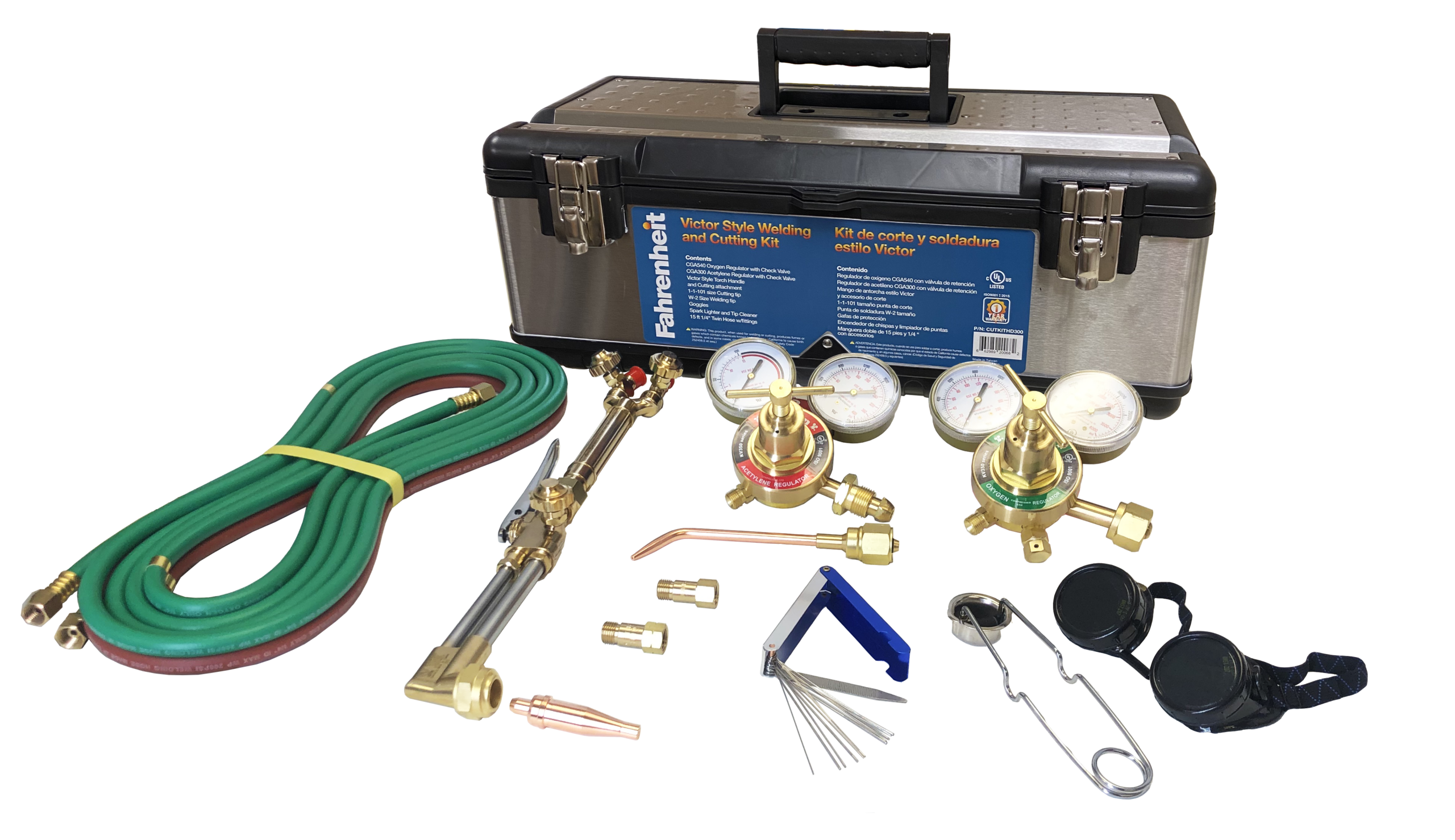 Welding & Cutting Kit-V style heavy duty CGA 540/510
 Regulator: V350-OX & V350-AC
 Torch Handle: V315
 Cutting attachment: V2450
 Cutting tip: 1-1-101
 Welding tip: W-2
 Check valves, goggles, tip cleaner, spark lighter
 15 ft. 1/4" hose w/ fittings
 Stainless Steel toolbox packaging