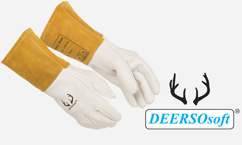 Large, Grain Deerskin, 4" Cowhide cuff , DEERSO Soft, Prestigious TIG/MIG Gloves , Pearl Color