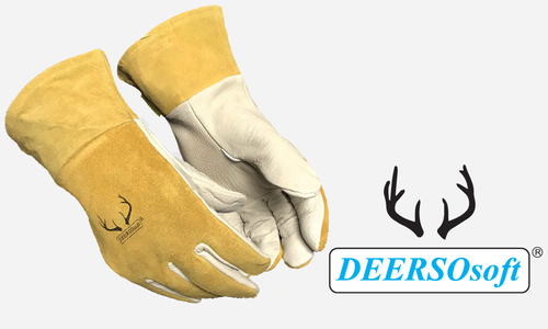 Large, Deerskin palm, Cowhide back, 3" cuff , DEERSO Soft, Prestigious TIG/MIG Gloves , Tan and Pearl Color