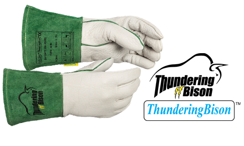 Medium, Pearl Grain Bison, 4" Cowhide cuff , Thundering Bison, Prestigious TIG/MIG Gloves
, Pearl with Green Color