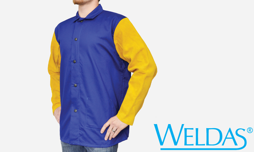 XXX-Large, 34" Jacket, Cotton w/ Leather sleeves, Yellowjacket,  Flame Retardant Clothing , Royal Blue Color