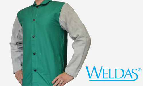 XXX-Large, 30" Jacket, Cotton, FR treated, Leather Sleeves, 9oz Green Flame Retardant Clothing, Green Color