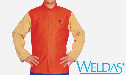 XXX-Large, 34" Jacket, Cotton w/ Leather sleeves, Flame Retardant Clothing, COOL FR, Safety Orange