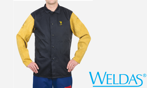 XXX-Large, Cool FR Jacket, 34" Jacket, Cotton w/ Leather Sleves, Navy w/Tan