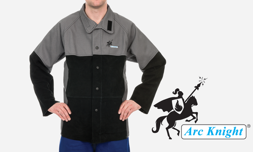 XXL, Arc Knight Versatile Welding Jacket, Grey 16oz FR with Black Leather Sleeves and Bib