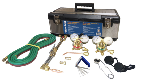 Welding & Cutting Kit-V style heavy duty CGA 540/300
Regulator: V350-OX & V350-AC
Torch handle: V315
Cutting attachment: V2450
Cutting tip: 1-1-101
Welding tip: W-2
Check valves, goggles, tip cleaner, spark lighter
15 ft. 1/4" hose w/ fittings
Plastic toolbox packaging