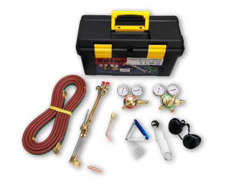 Welding & Cutting Kit-V style medium duty CGA 540/300
Regulator: V250-OX & V250-AC
Torch Handle: V100
Cutting attachment: V1350
Cutting tip: 0-3-101
Welding tip: W-1-0
Check valves, goggles, tip cleaner, spark lighter
12.4 ft. 1/4" hose w/ fittings
Plastic toolbox packaging