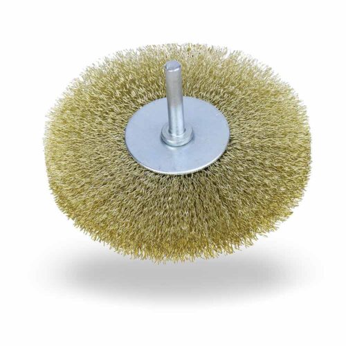 1-1/2" Stem-Mounted Crimped Wire Wheel, .012" Brass, 1/4" Shank, Bulk Package