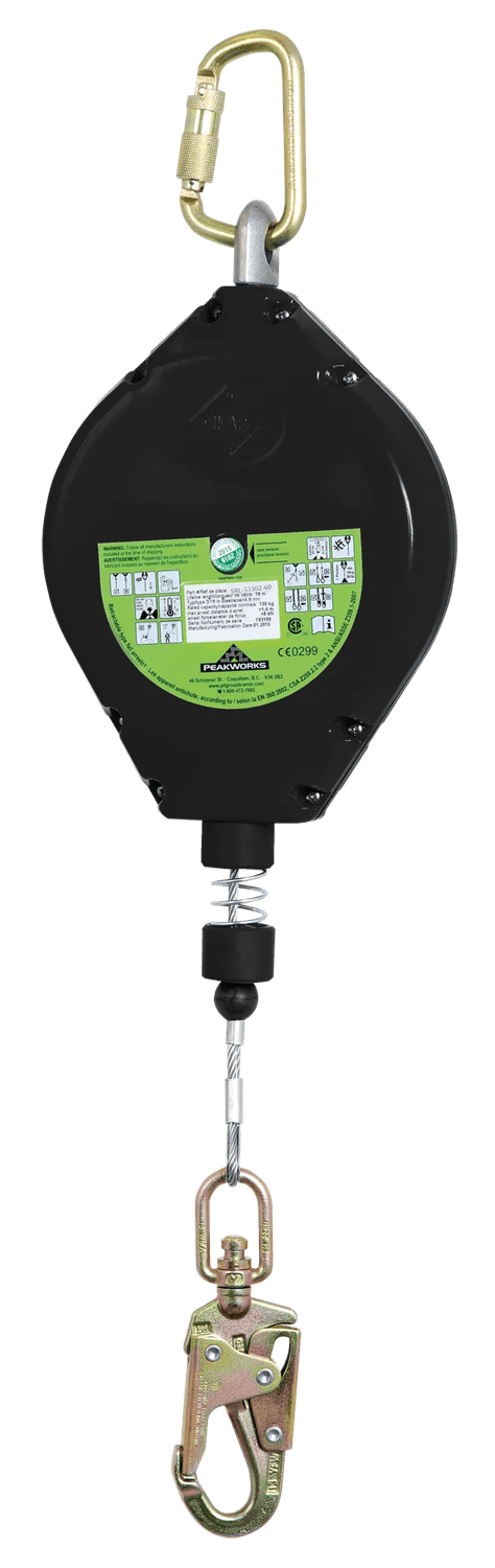 Self Retracting Lifeline, 300lb Load, 60' Long, Galvenized Steel Cable Line, Aluminum Hardware, Black